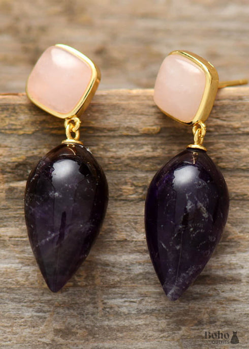 Boho Earrings, Dangle Earrings, Rose Quart Amethysts Teardrop Dangle Earring